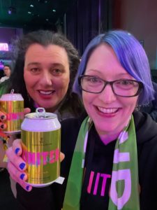 Katie and Lisa with a locally-brewed Eurovision beer in Sweden